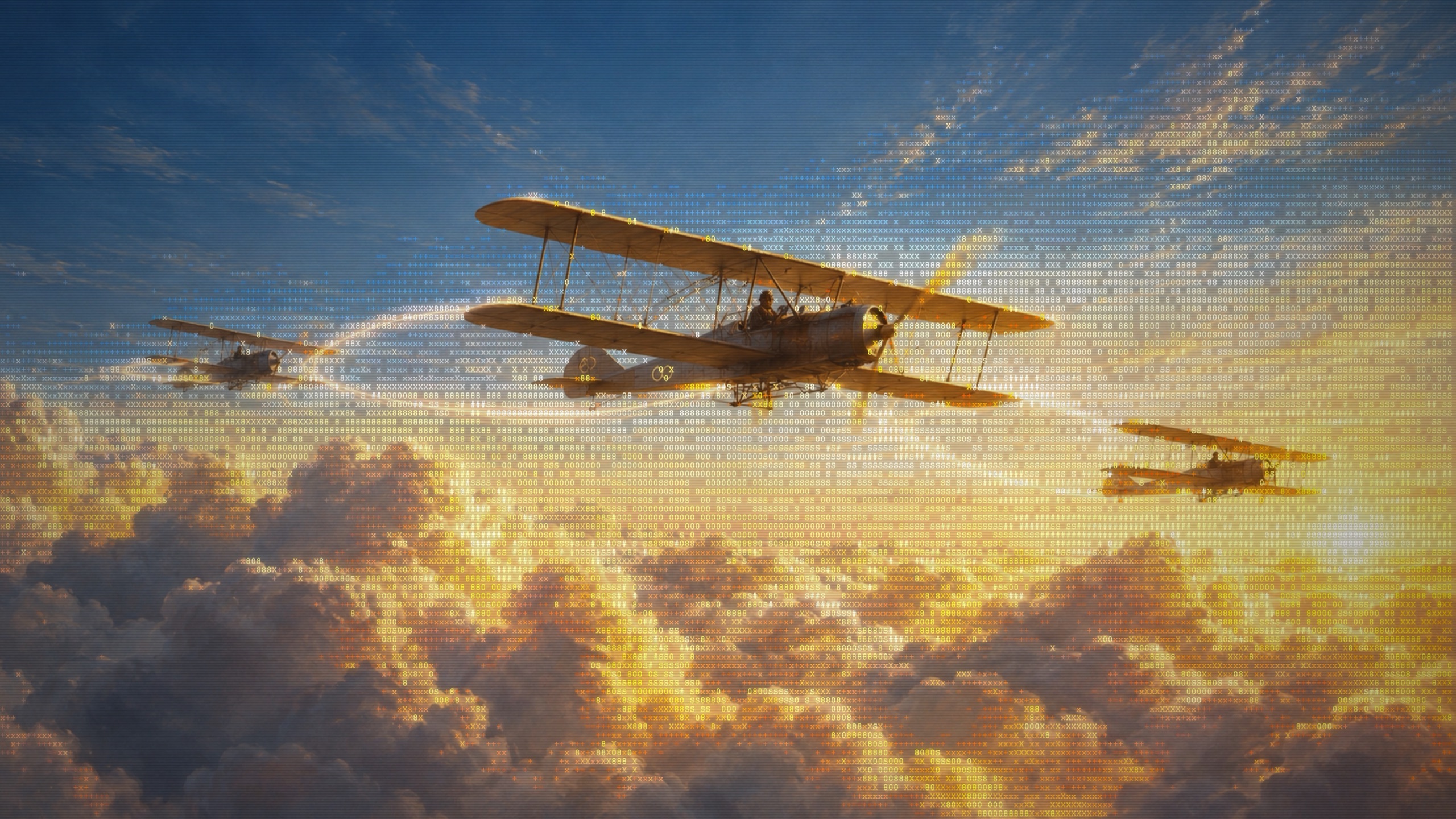 A squadron of early biplanes flying in formation above golden clouds